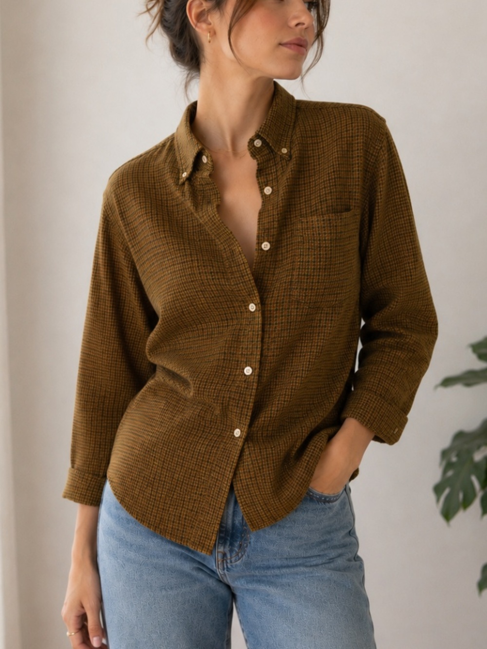 Vintage Pendleton Wool Plaid Button Down Shirt Brown Gold M